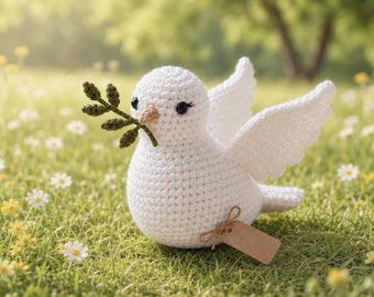 White Peace Dove Crochet Pattern with Olive Branch, Raised-Wing Amigurumi Digital Download