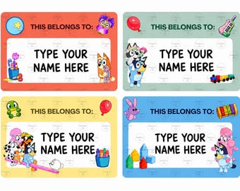 May include: Four rectangular name labels in red, green, yellow, and blue. Each label features the text THIS BELONGS TO: and TYPE YOUR NAME HERE. The designs include cartoon characters, balloons, toys, and art supplies arranged around the central text area.