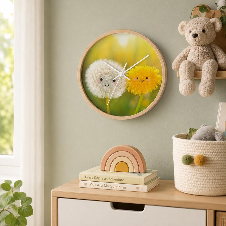 May include: A round wall clock with a light wood frame featuring a printed image of a white dandelion puff and a yellow dandelion flower, both with smiling faces. The clock has white hour, minute, and second hands against the floral background.