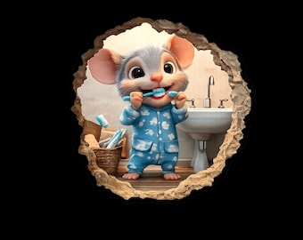 May include: A wall decal featuring a cartoon mouse with gray fur wearing blue pajamas with a white cloud pattern, brushing its teeth with a blue toothbrush. The mouse stands in a bathroom with a white sink and a wicker basket of toiletries.