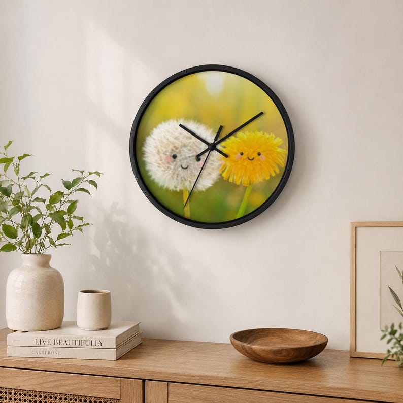 May include: A round wall clock with a black frame featuring a printed image of a white dandelion seed head and a yellow dandelion flower, both with simple cartoon faces, centered on a soft green background with black hour and minute hands.