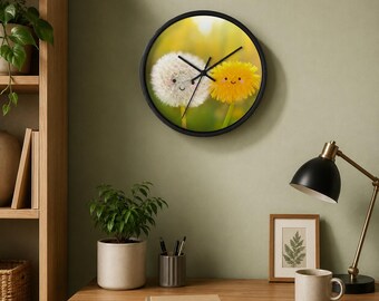 May include: A round wall clock with a black frame featuring a printed image of a white dandelion seed head and a yellow dandelion flower, both with simple smiling faces, set against a soft-focus green and yellow background with black clock hands.