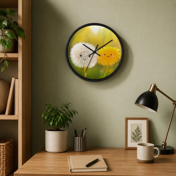 Smiling Dandelion Friends Wall Clock, Whimsical Flower Decor, Sunny Yellow Green Home