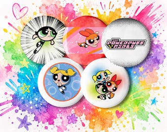 May include: Five circular pin-back buttons featuring The Powerpuff Girls characters. One button shows Buttercup, one shows Blossom, one has the show logo, one shows Bubbles, and one shows all three characters together against a colorful watercolor background.