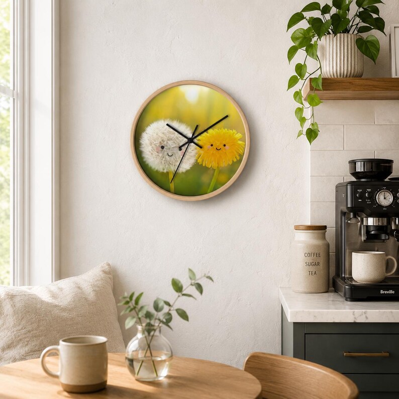 May include: A round wall clock with a light wood frame featuring a printed image of a white dandelion puff and a yellow dandelion flower, both with simple smiling faces. The clock has black hour, minute, and second hands centered on the face.