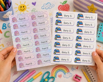 May include: Two sheets of rectangular adhesive labels featuring cartoon backpack illustrations. The left sheet has a holographic finish with the name Pearl K. printed on each label. The right sheet is white with the name Gary S. on each label.