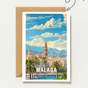 May include: A rectangular greeting card featuring a vibrant illustration of the Malaga skyline with palm trees, a tall church tower, and blue skies with white clouds. The word MALAGA is printed in white at the bottom. A brown envelope is behind the card.