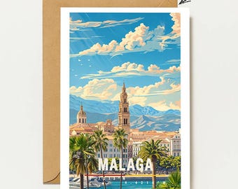 Malaga greeting card with harbor, palm trees & old town | Mediterranean Spain travel map city | Malaga Travel Card