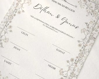 Dini Nikah Belgesi | Certificato di matrimonio islamico con disegno floreale A4 Beige