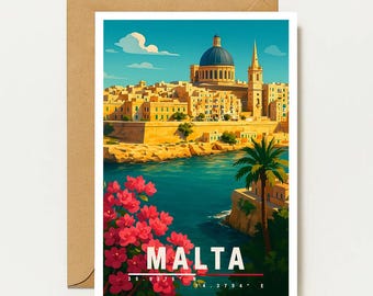 Grußkarte Malta | A6 Reisekarte | Urlaubskarte mit Blumen und Meer | Sommerkarte Mittelmeer | Geschenkidee für Reiseliebhaber | Architektur
