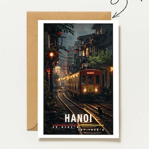 Hanoi greeting card with train and Old Quarter | Travel greeting card Vietnam urban & traditional | Unique city greeting