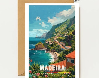 Madeira greeting card with green cliffs & sea view | Nature-rich Portugal travel map | Madeira Travel Card