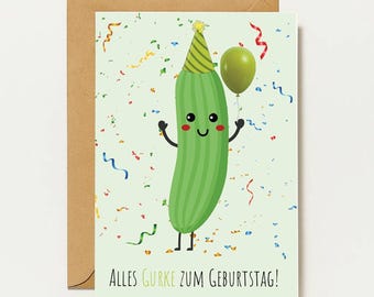 Witzige Geburtstagskarte Gurke | Lustige Gemüse Karte | Alles Gurke zum Geburtstag | Niedliche Cartoon-Gurke mit Ballon & Konfetti