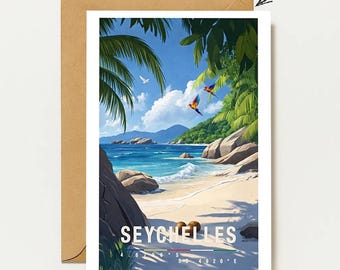 Seychelles greeting card, island paradise, exotic travel greeting card with beach and palm trees, summery wanderlust card, holiday greeting