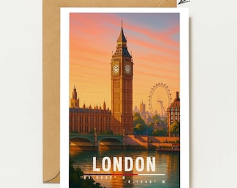 London Greeting Card A6 | Big Ben Sunset Card | Travel Greeting Card Cityscape | London Eye Illustration | UK Travel Greeting Card