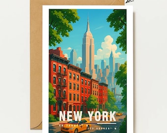 New York greeting card A6 | NYC skyline map | Travel greeting card cityscape | Vintage travel map New York | Urban landscape map