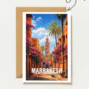 Marrakech greeting card with palm trees & oriental old town | Morocco travel map in boho style | Marrakech Travel Card