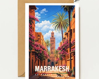 Marrakech greeting card with palm trees & oriental old town | Morocco travel map in boho style | Marrakech Travel Card
