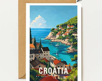 Kroatien Grußkarte mit Küstenstadt & Meer | Mediterrane Reisekarte Adria | Croatia Coast Travel Art  - Croatia Greetingcard