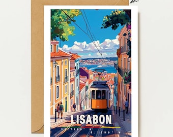 Lisbon greeting card with yellow tram & old town | Romantic Portugal travel map | Lisbon Portugal city travel art