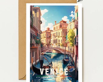 Venice greeting card with gondola & romantic canal | Venice Italy Greeting Card City Travel Art - Venice Greeting Card