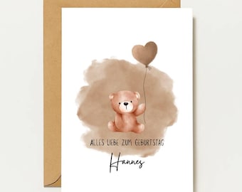Gepersonaliseerde verjaardagskaart met teddybeer en hartballon | Kaart met aquarelbeer | Kinderverjaardagskaart met naam