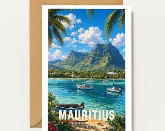 Mauritius greeting card | Mauritius vintage card | Mauritius travel map | Tropical landscape map | Holiday & gift