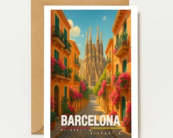 Barcelona greeting card | A6 travel postcard | Holiday card with flowers and architecture | Summer map of Spain | Gift idea for travel lovers