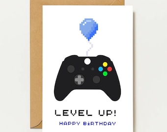 Gamer Birthday Card | Funny "Level Up" Card for Gamers | Pixel Controller & Balloon – Perfect for Video Game Fans' Birthdays