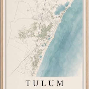 Póster con mapa de Tulum, México / Arte mural de playa costera / Mapa minimalista de la ciudad / Descarga digital imprimible / Decoración moderna para el hogar