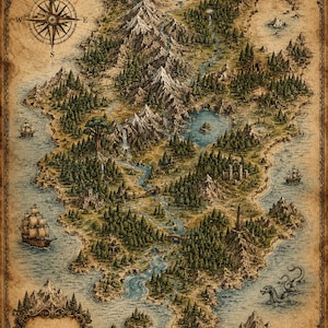 Op de afbeelding: Een gedetailleerde fantasiekaart in perkamentstijl met een groot eiland met besneeuwde bergketens, dichte naaldbossen, kronkelende rivieren en een centraal meer. De illustratie bevat een kompasroos, zeilschepen en een zeemonster.