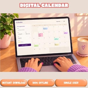 Op de afbeelding: Een laptopscherm met een digitale kalenderinterface, een formulier voor nieuwe afspraken, een maandoverzicht en kleurgecodeerde afspraken. De tekst DIGITAL CALENDAR, INSTANT DOWNLOAD, 100% OFFLINE en SINGLE USER is zichtbaar.