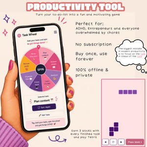 Peut inclure: Un smartphone affichant l'interface de l'application Task Wheel avec une roue de tâches colorée, un bouton de rotation et une zone de sélection. Le texte inclut Productivity Tool, No subscription, Buy once, use forever, 100% offline & private.