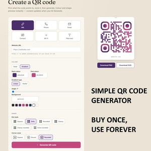 May include: A digital interface for a QR code generator featuring input fields for URL, phone, email, contact, Wi-Fi, and plain text. It includes settings for gradient colors, dot styles, and corner shapes, with a preview of a purple gradient QR code.