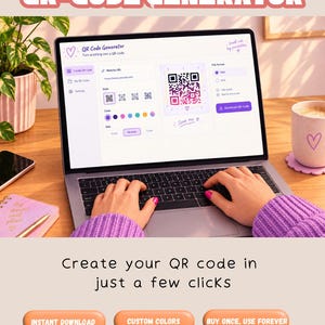 May include: A laptop screen displays a QR-code generator interface with options for website URL, style, colour, and size. The screen shows a generated QR code, file format settings, and a download button. Text on the screen reads QR-CODE GENERATOR.