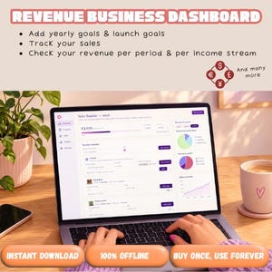 Puede incluir: Un panel de control digital de ingresos empresariales en la pantalla de un portátil, que muestra un rastreador de ventas para 2026 con gráficos, flujos de ingresos y datos financieros. El texto dice REVENUE BUSINESS DASHBOARD, Add yearly goals & launch goals, Track your sales, Check your revenue per period & per income stream, INSTANT DOWNLOAD, 100% OFFLINE y BUY ONCE, USE FOREVER.
