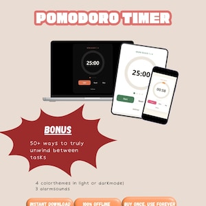 Pomodoro-timer | Productivity tool | Breaktime ideas | No app needed | Browserbased | Digital download