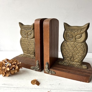 Vintage Wood & Brass Owl Bookends