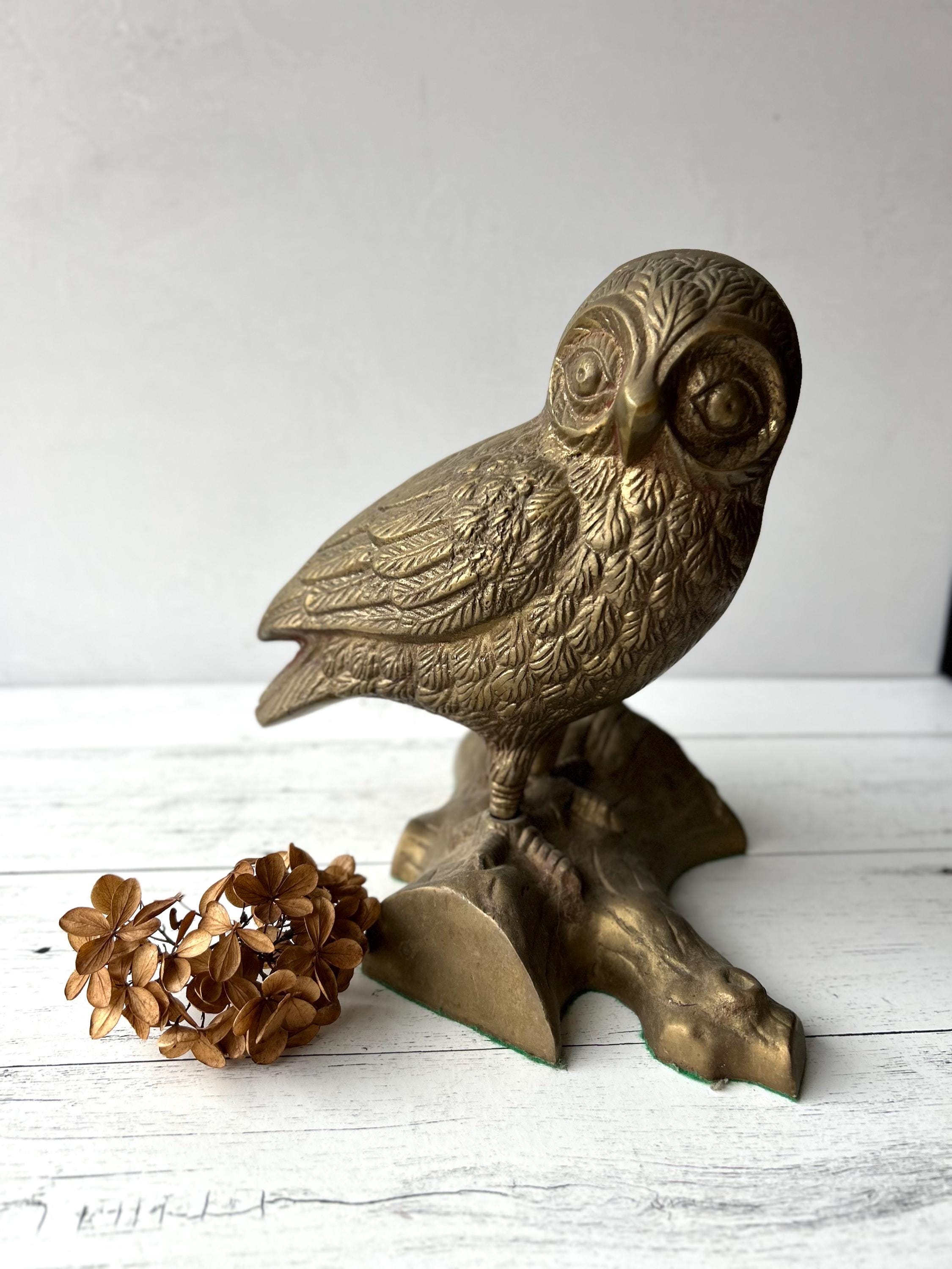 Vintage Solid Brass Owl On Log