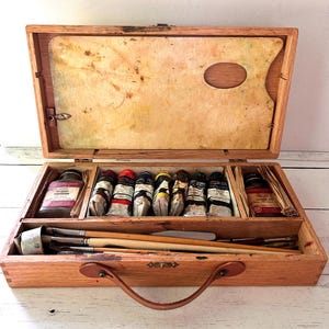 Vintage Wood Artist's Box with Oil Paints and Supplies