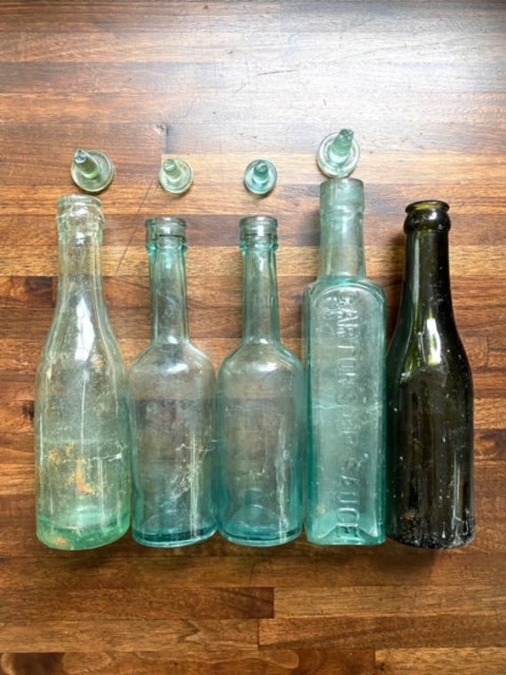 Antique Green Bottles With Glass Tops Etsy