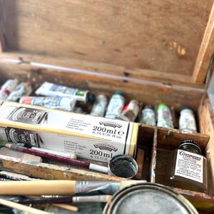 Vintage Wood Artist's Box with Oil Paints and Brushes