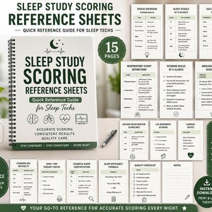 Peut inclure: Un livre à reliure spirale intitulé Sleep Study Scoring Reference Sheets for Sleep Techs, comprenant 15 pages de tableaux techniques, plages de fréquences EEG, définitions d'événements respiratoires et règles de notation avec des icônes.