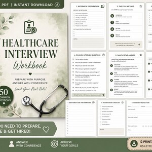 Arbetsbok för sjukvårdsintervjuer, intervjufrågor för sjuksköterskor, svar på STAR-metoden, utskrivbar karriärförberedande PDF