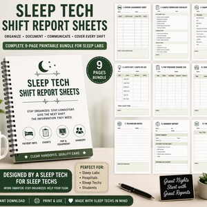 Könnte beinhalten: Ein spiralgebundenes Notizbuch mit dem Titel Sleep Tech Shift Report Sheets und einem Mondsymbol, begleitet von neun einzelnen druckbaren Seiten mit Checklisten, Protokollen und Berichtsformularen für Schlaftechniker.