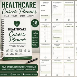 May include: A spiral-bound Healthcare Career Planner with a white cover featuring dark green text and a heart-shaped EKG icon. The planner includes 18 pages of templates for tracking career goals, certifications, skills, and work experience.
