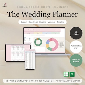 May include: A digital wedding planner for Excel and Google Sheets featuring a dashboard with pie charts, a guest list, and seating chart. The interface displays text including The Wedding Planner, 15 TABS, and Auto seating chart on screens.