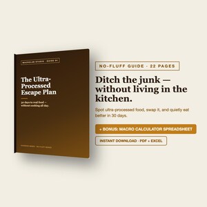 Puede incluir: Una guía digital titulada The Ultra-Processed Escape Plan de Macrolab Studio. La portada marrón presenta texto en blanco. Al lado, el texto dice No-Fluff Guide, 22 páginas, Ditch the junk, e incluye una hoja de cálculo de macros de regalo.