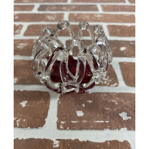 Vintage MCM Art Glass Candle Holder Votive Holder Ruby Red Thick Pulled Loop