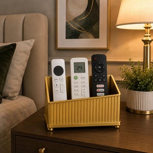 May include: A rectangular gold-coloured metal organiser with vertical ribbed detailing and four small spherical feet. The container holds three remote controls: one white with a circular navigation pad, one white with a digital display, and one black.